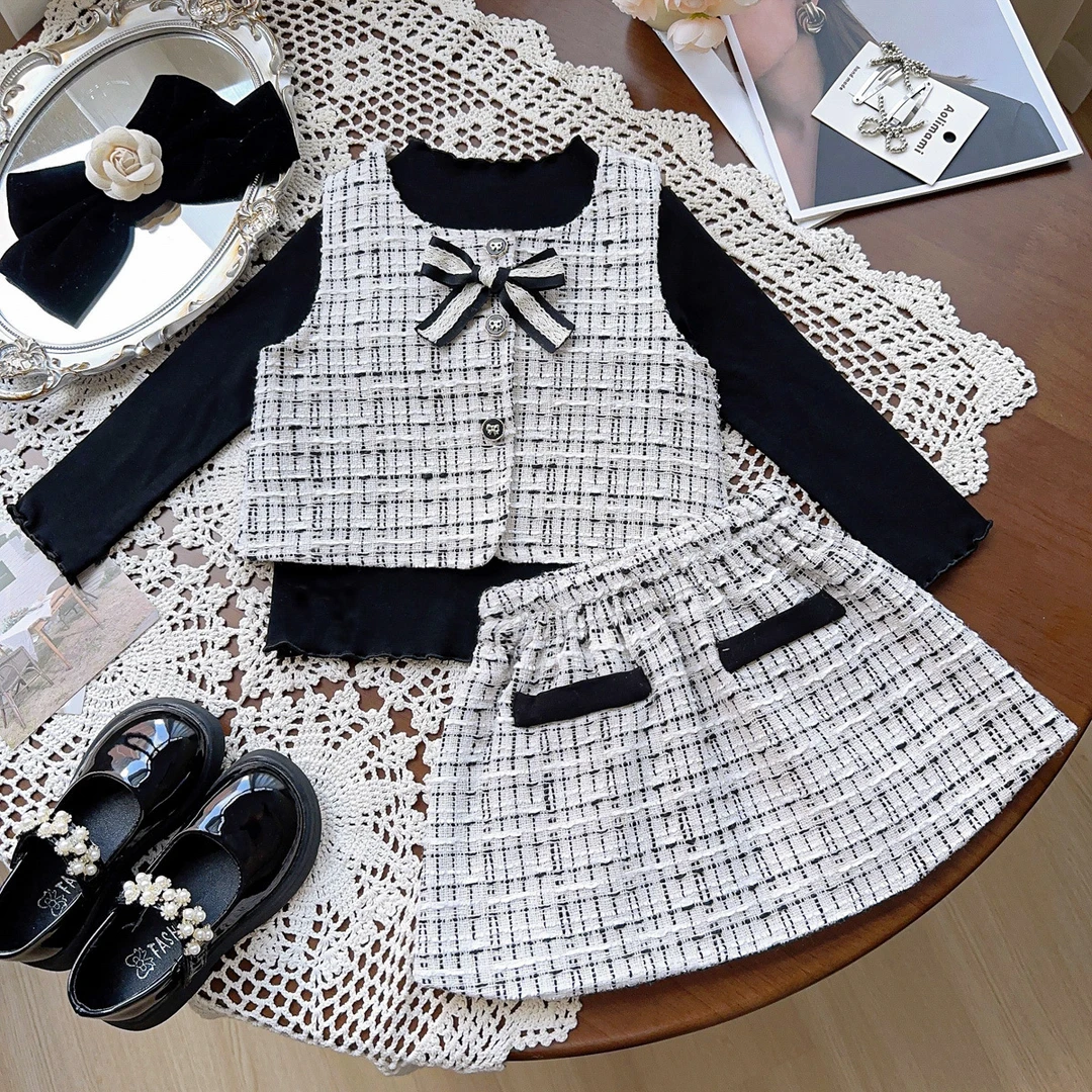 女童小香风套装春秋季新款韩版洋气儿童马甲短裙两件套AQA338