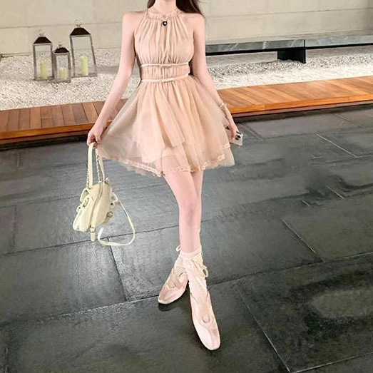 法式性感无袖网纱蕾丝夏季裸粉色挂脖结不规则下摆连衣裙短裙