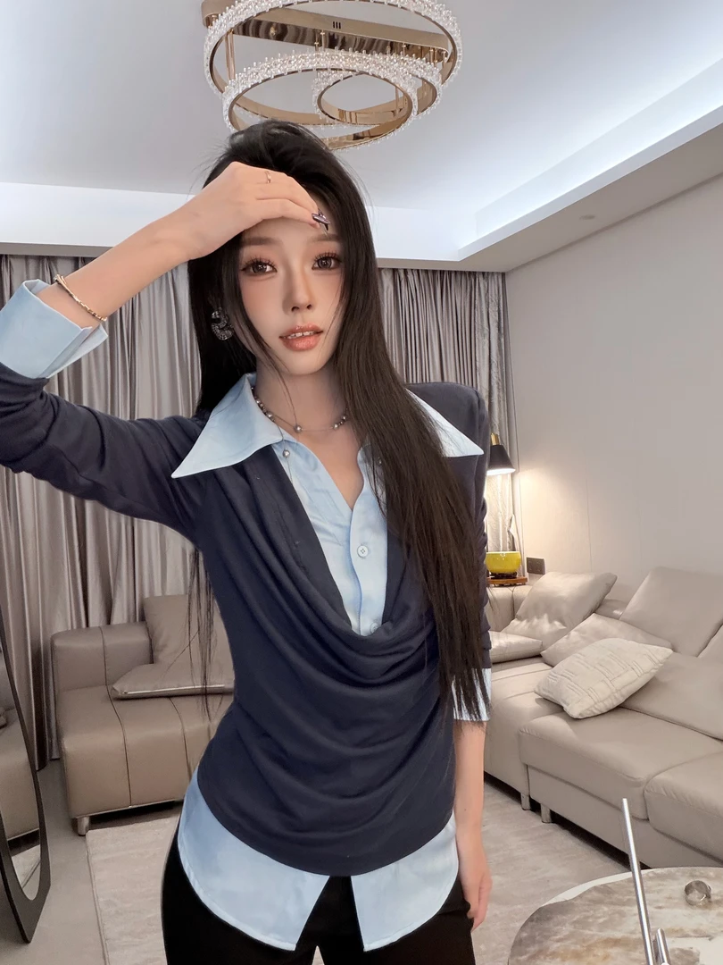 天丝羊毛假两件衬衫针织上衣拼接梭织衬衫翻领通勤职场度假