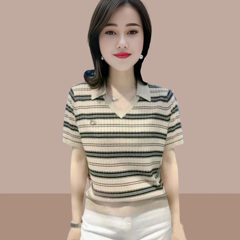 条纹针织衫短袖t恤清凉夏季2025新款显瘦减龄洋气妈妈polo领上衣