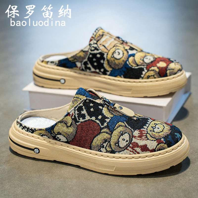 保罗笛纳帆布鞋男士夏季薄款透气一脚蹬休闲运动板鞋懒人半拖潮鞋