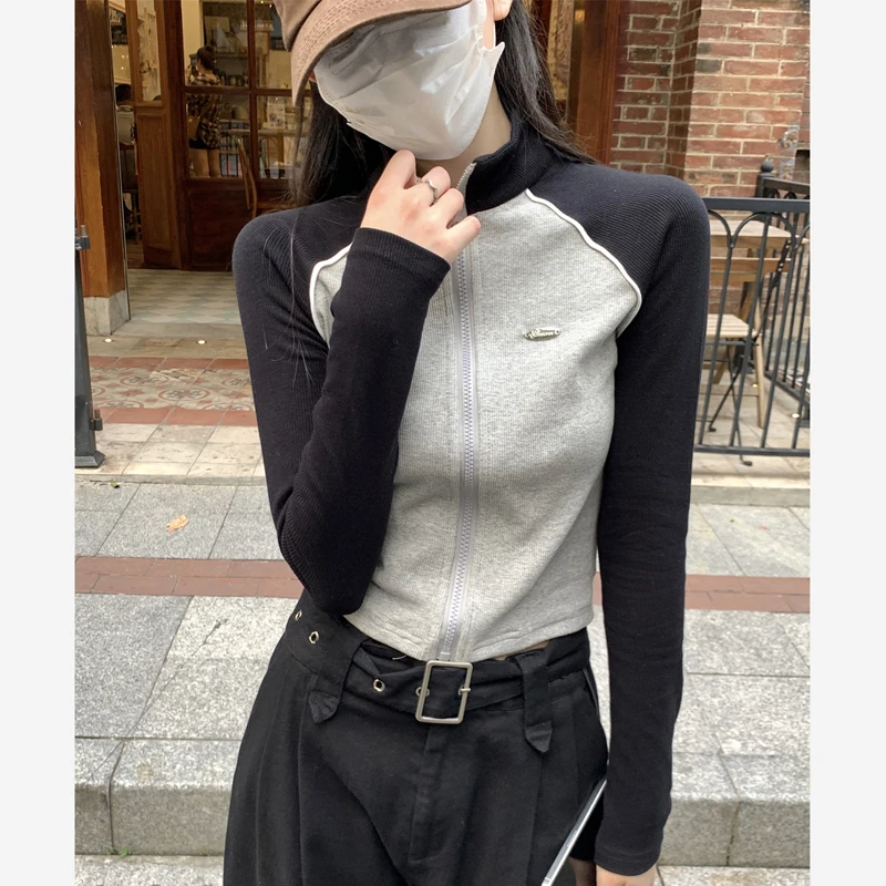 春季韩版修身卫衣女插肩撞色拉链开衫设计感纯棉长袖内搭T恤上衣
