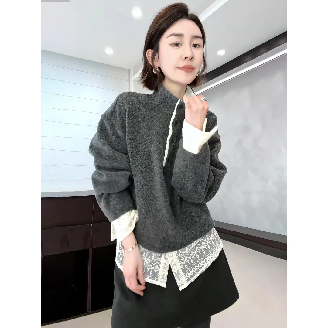 玖个玖2025冬款极简百搭蕾丝拼接下摆半高领卫衣高级气质保暖上衣