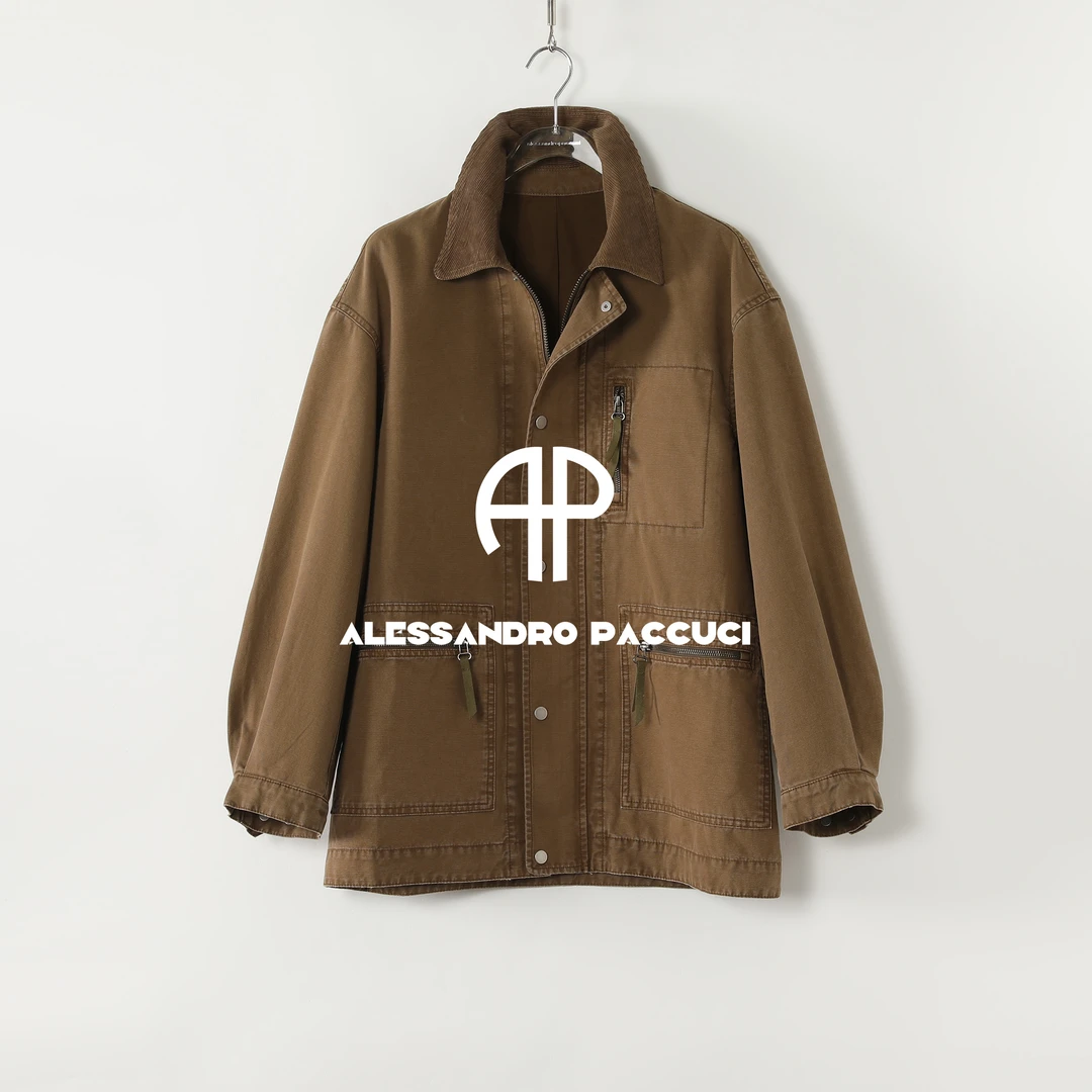 AP洛哥53140WT【檀棕旧忆】棉翻领多口袋复古时尚休闲外套
