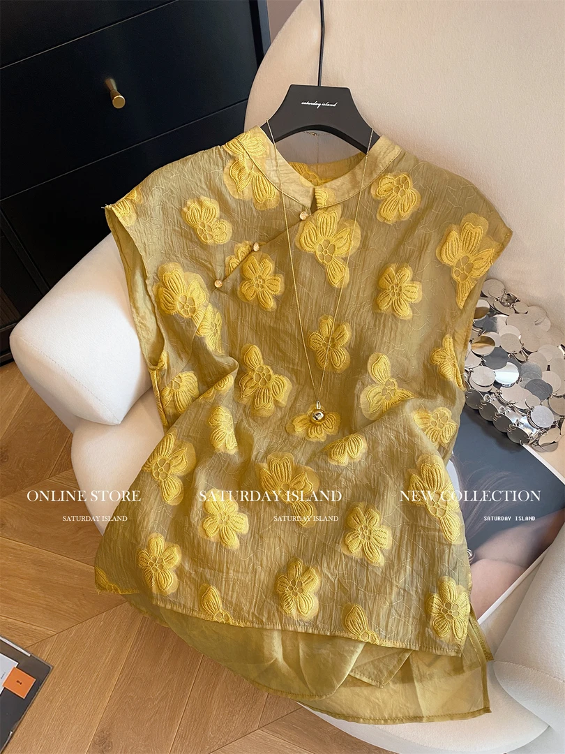 多巴胺提花网纱拼接无袖背心衬衫女2025夏季新款独特斜襟盘扣上衣