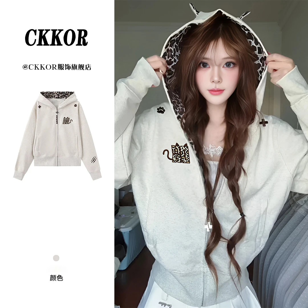 CKKOR美式复古刺绣连帽拉链开衫女新款百搭时尚潮流情侣卫衣外套