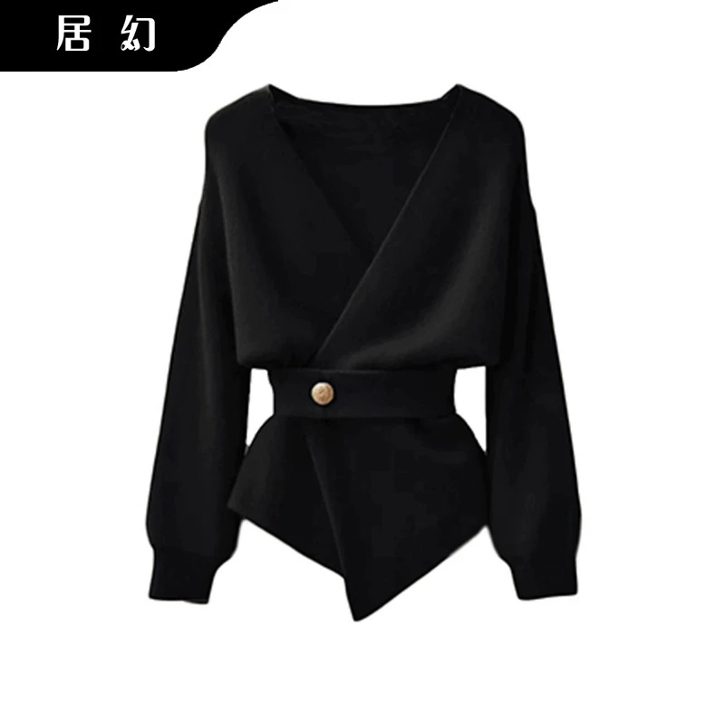 居幻2025新款秋冬黑色V领长袖针织衫女装设计感小众收腰短款毛衣
