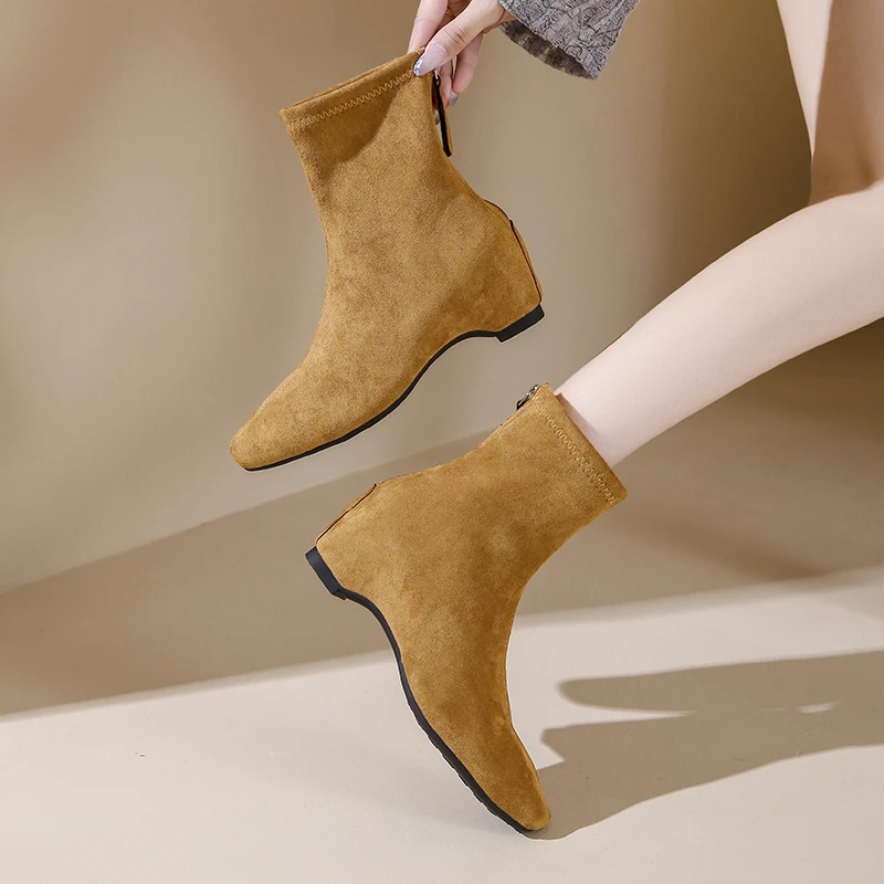 小个子内增高棕色复古短筒靴瘦瘦靴女靴子秋夏新款法式短靴及裸靴