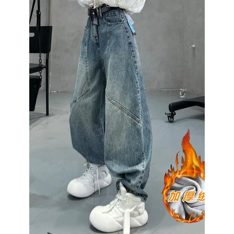 加绒加厚弯刀直筒蓝色牛仔裤女潮ins洋气时尚秋冬高腰宽松阔腿裤