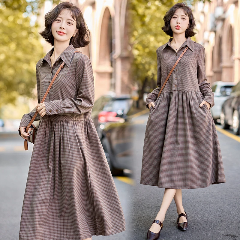 复古文艺格纹衬衫连衣裙女2025秋季新款宽松显瘦气质名媛收腰长裙