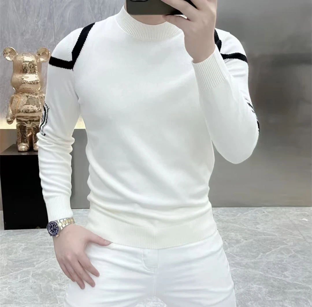 高档欧货半高领提花针织衫毛衣男士时尚潮流打底衫百搭男装5073