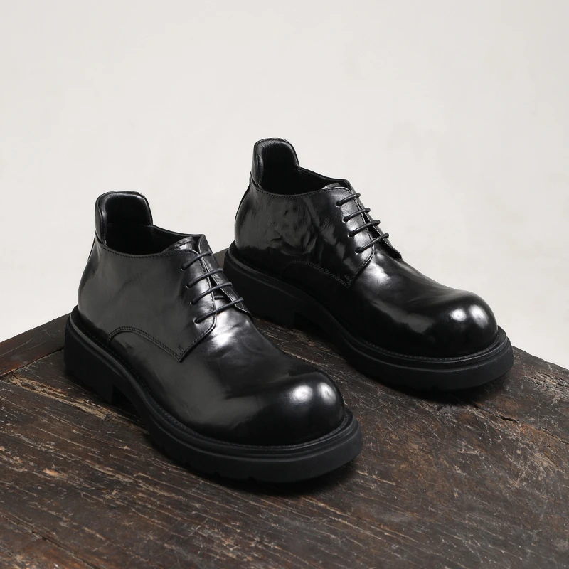【可选加绒】马丁靴男款胎牛皮中帮大头德比皮鞋厚底增高潮流短靴