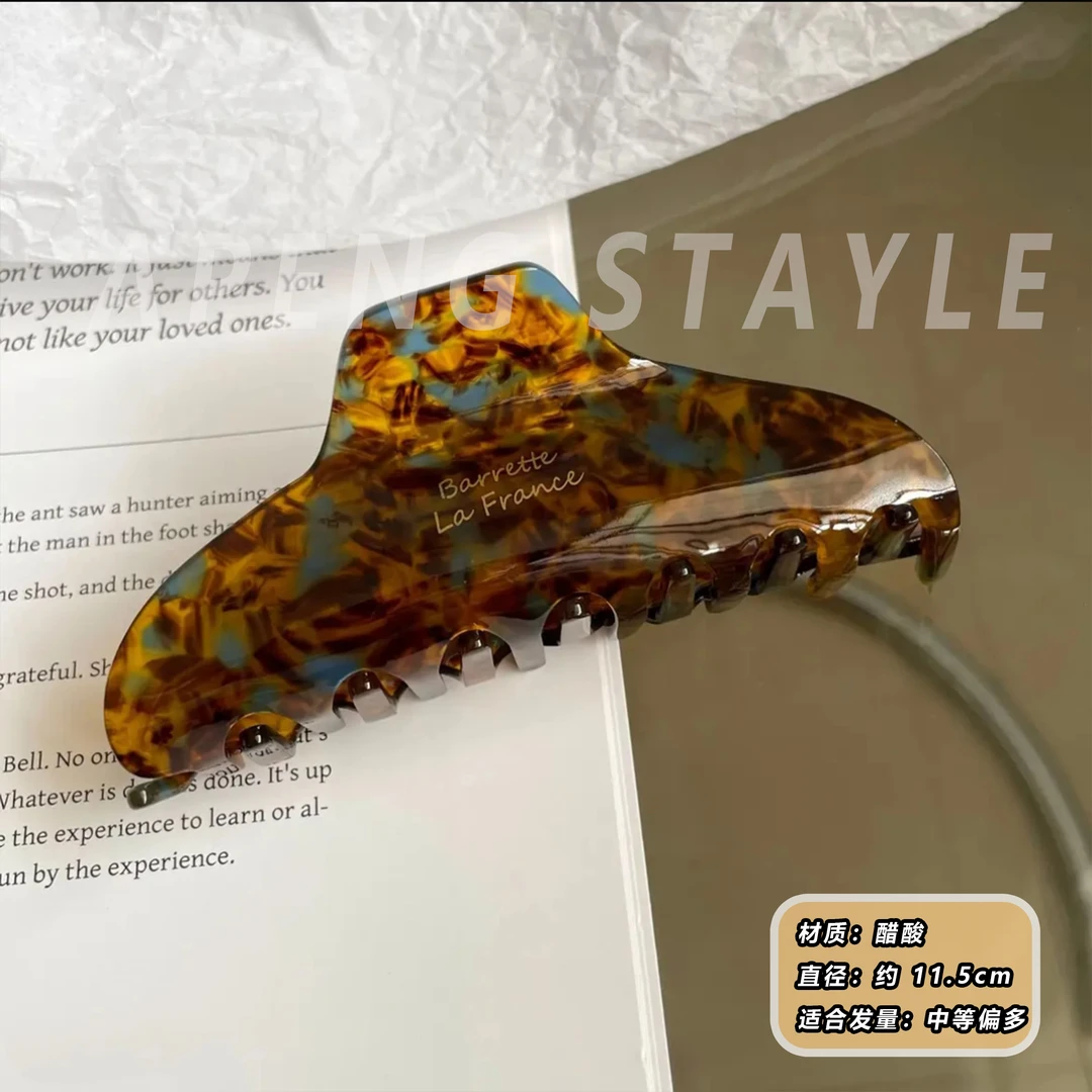 2358韩国ins新款碎花蓝茶镂空月牙大号抓夹金标三角醋酸鲨鱼夹