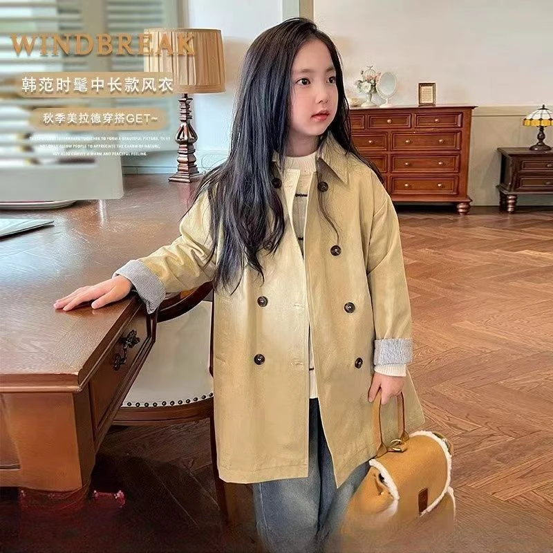 女童风衣中长款2025春秋新款儿童洋气英伦风外套韩版宝宝大衣外套
