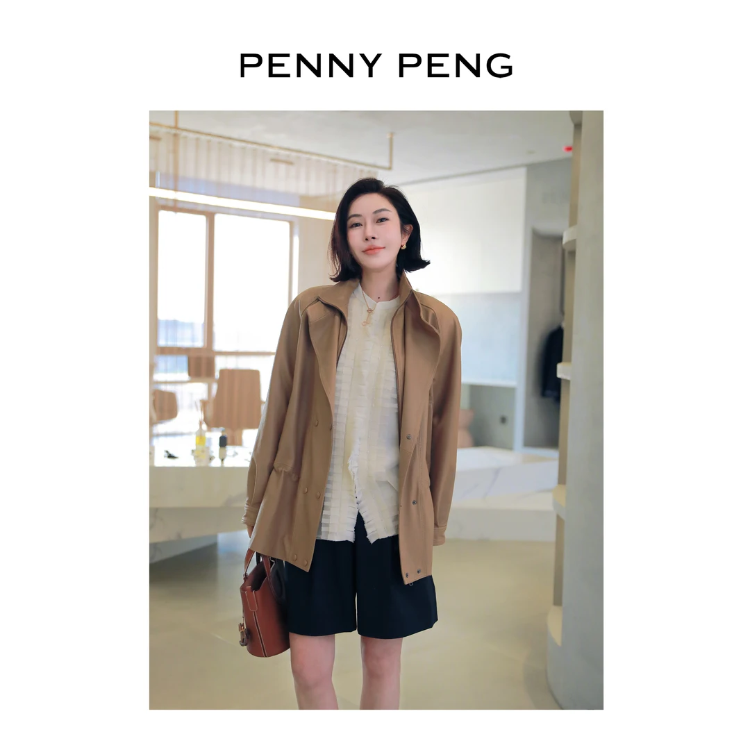 PENNYPENG大环线春季时尚宽松气质经典百搭卡其色长袖立领皮衣