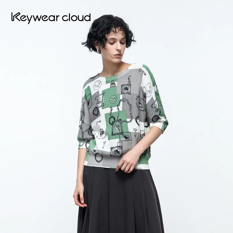 Keywearcloud奇威棉秋冬复古图案拼色针织衫圆领五分袖轻薄款上衣