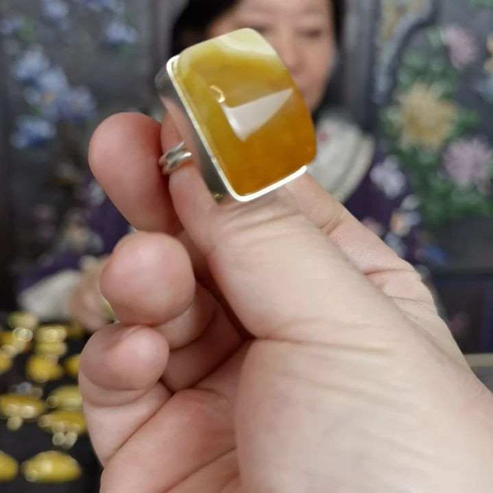 琥珀戒指银S925镶嵌I*h戒指