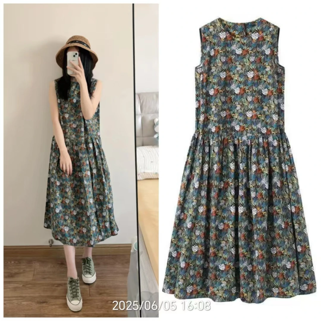 2025夏款柔软棉质圆领碎花连衣裙