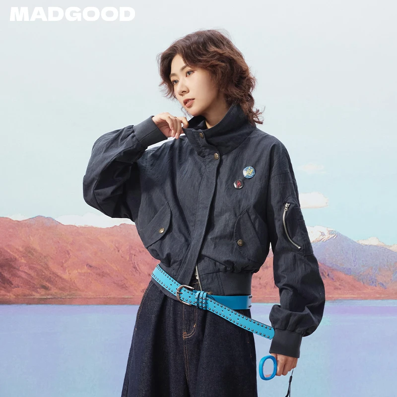 madgood马得工地皱感纱卡抽皱短款飞行夹克MDGDWT13058