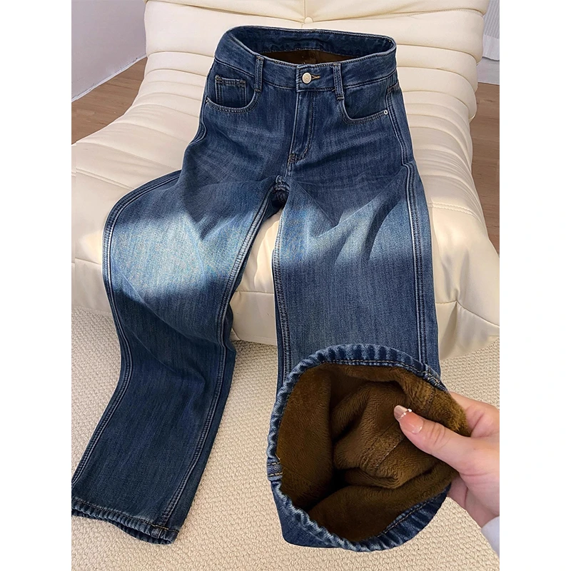 秋冬新款加绒复古蓝阔腿牛仔裤女高腰厚款显瘦宽松保暖直筒休闲裤