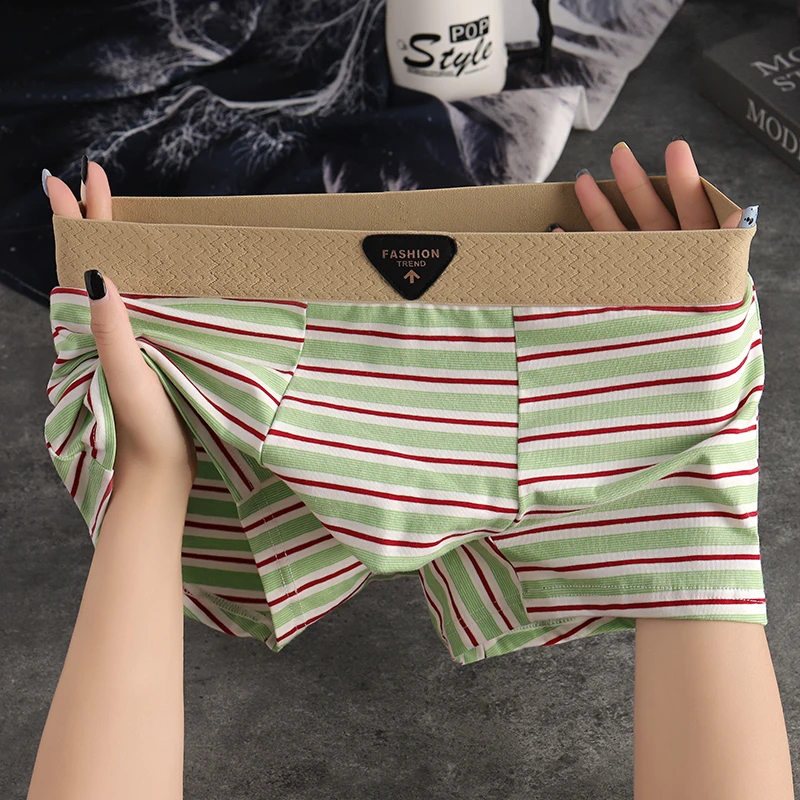 新款棉感条纹男士内裤舒适透气男生平角裤潮流时尚简约男款四角裤