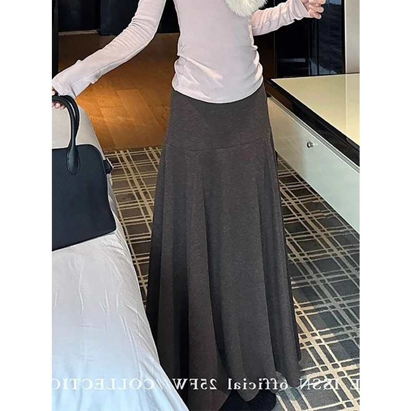 耶古复古棕褐色针织a字半身裙女秋冬新款宽松显瘦垂感长款大摆裙