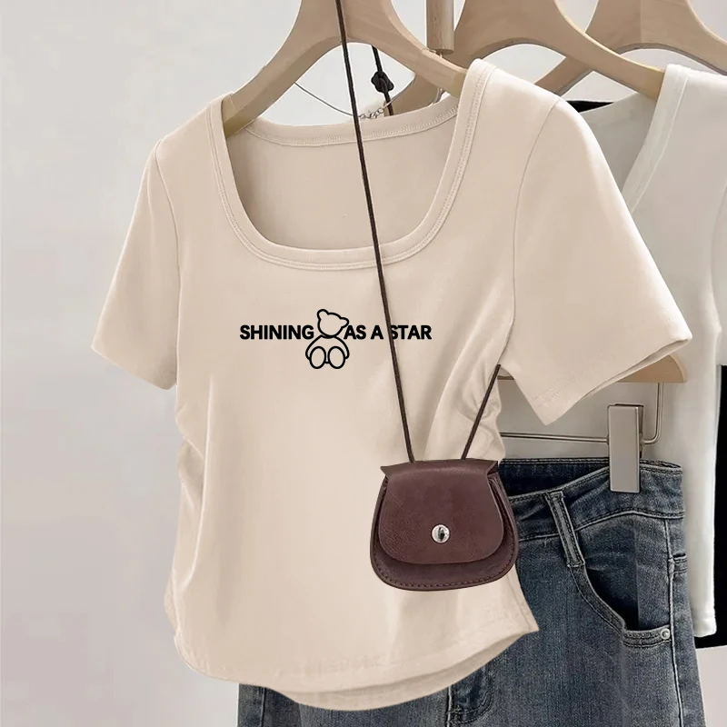 清仓捡漏~方领辣妹显瘦短袖T恤修身不规则夏季百搭纯色韩版上衣