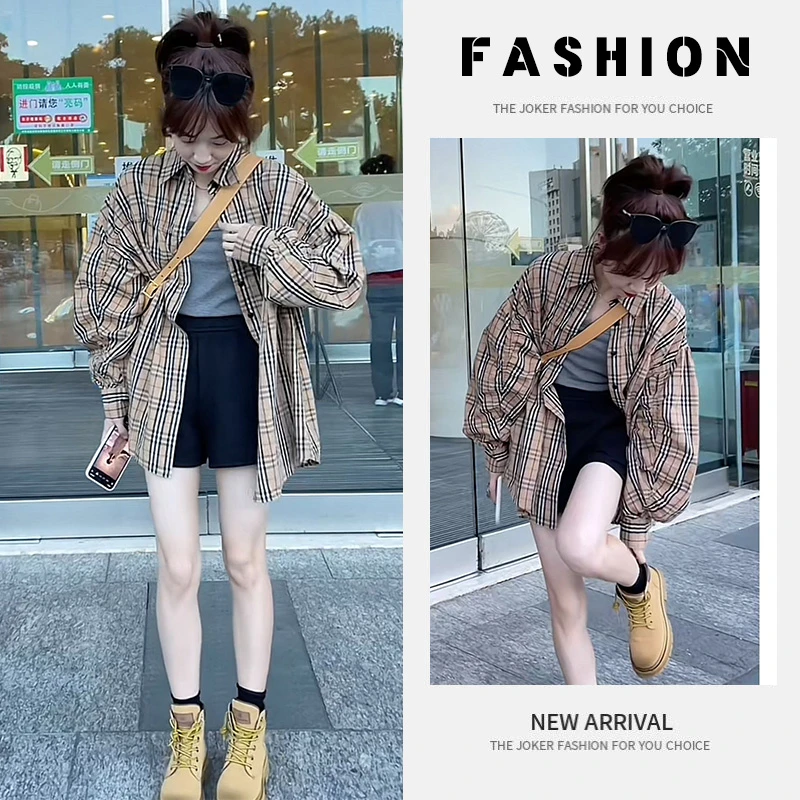 早春时尚穿搭一整套女2025新款吊带宽松格子衬衫百搭短裤三件套潮