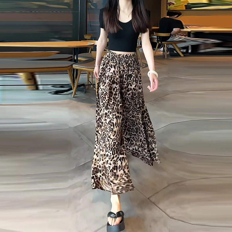 高级感豹纹裙裤女夏季薄款2025新款小个子高腰垂感宽松冰丝阔腿裤