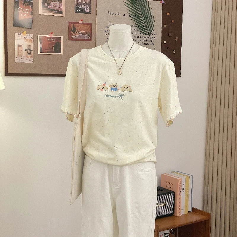 特大码可爱卡通刺绣小狗短袖t恤女夏季300斤洋气减龄百搭纯棉上衣