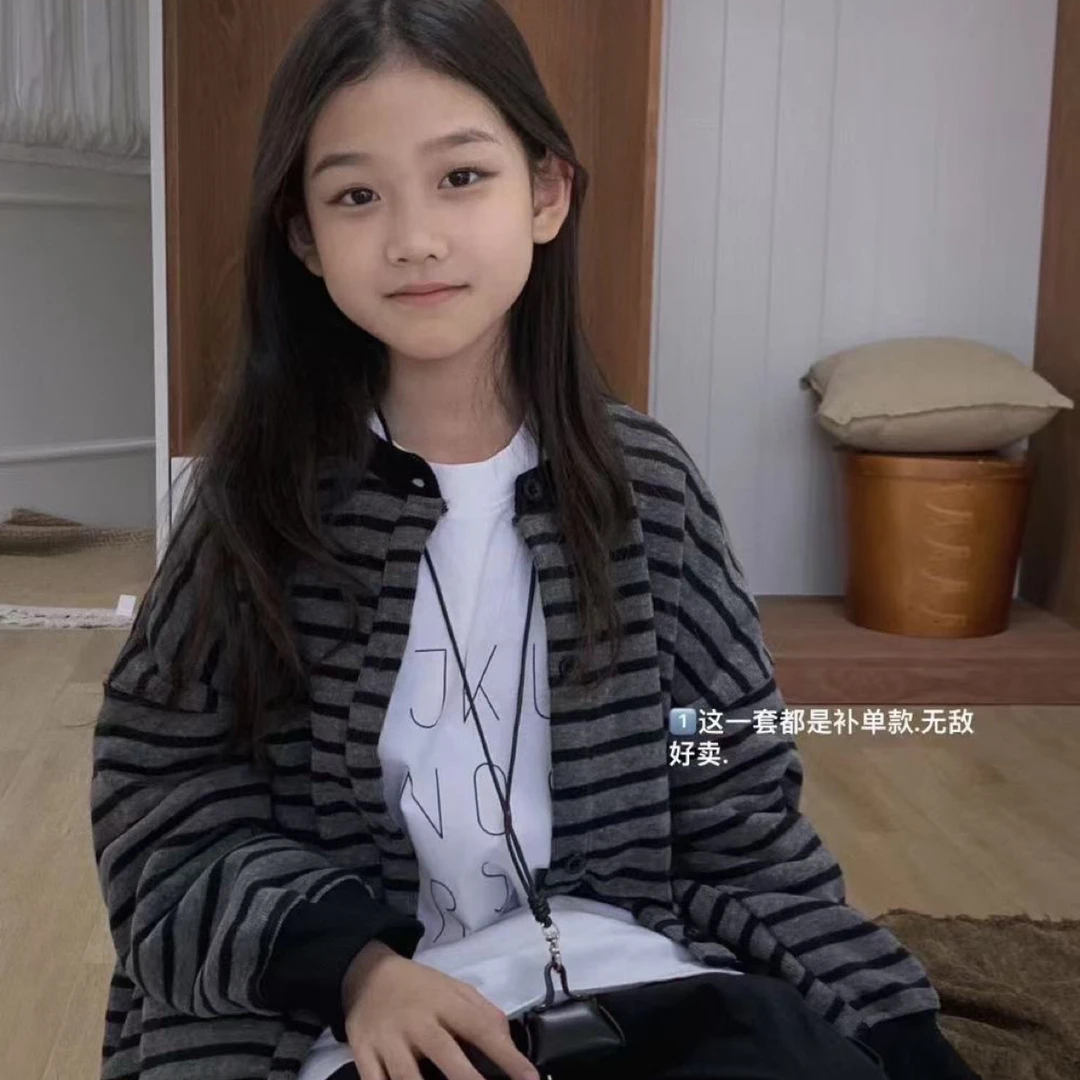 秋款常规男女孩条纹休闲风单排扣宽松童装针织