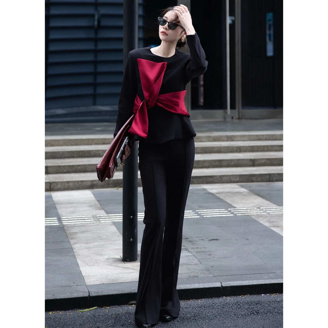 欧洲站女装欧美时尚街拍一抹红白经典撞色飒美随性套装裤两件套秋