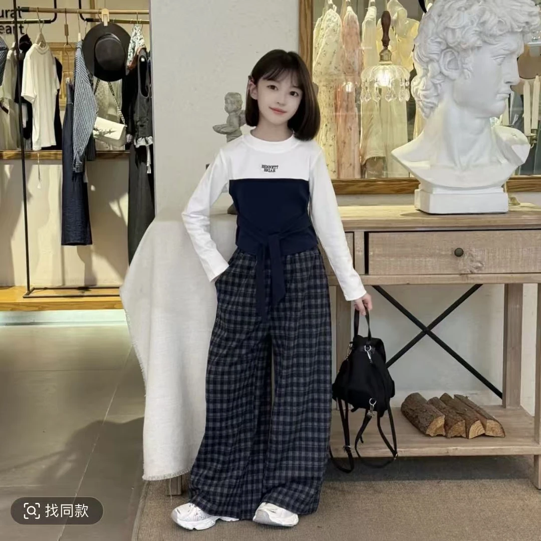 女童套装秋装儿童洋气大童韩版长袖运动2025新款女孩衣服格子裤