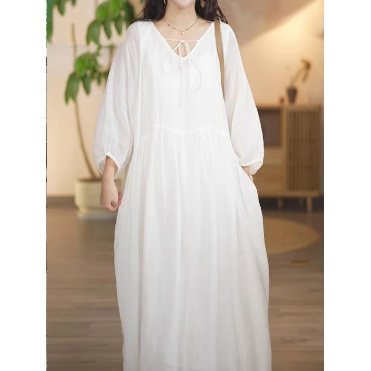 法式简约亚麻白色连衣裙女早秋装森系文艺宽松慵懒灯笼袖棉麻长裙