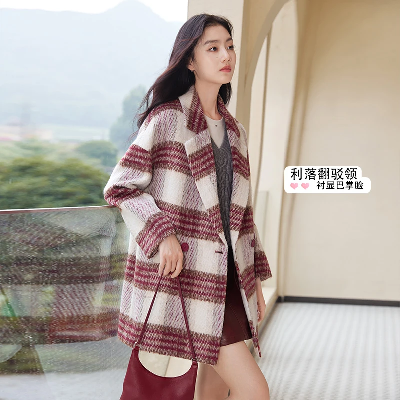 D844052毛呢外套 香影格子毛呢外套女2024秋冬季新款西装领高级