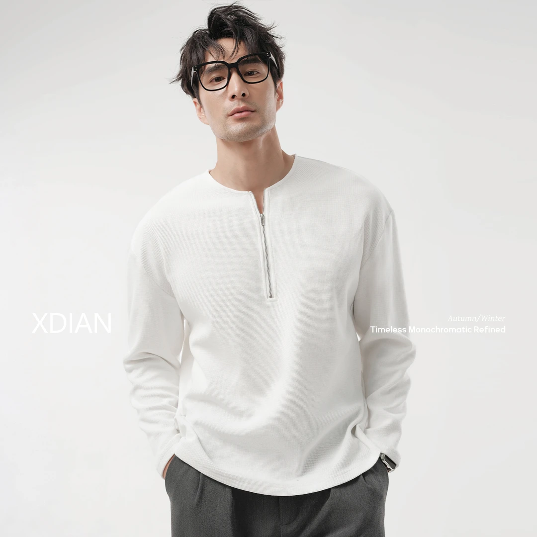 XDIAN/续点亨利领半拉链长袖t恤男士华夫格2025新款美式春秋季