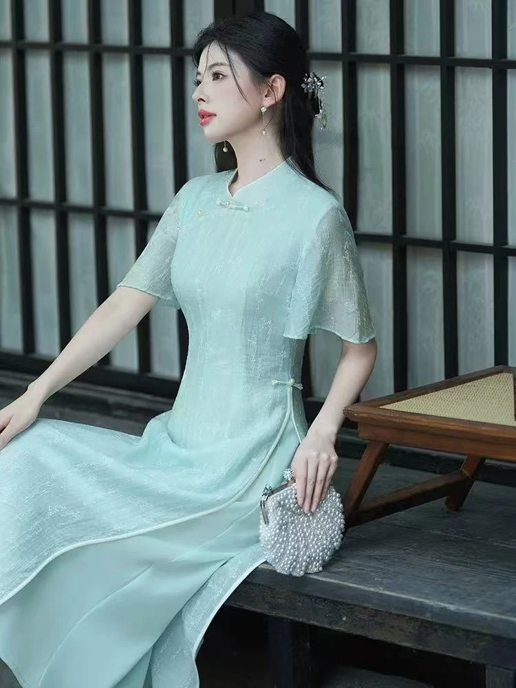 0789 天空蓝 线条 奥戴 旗袍 【扣子已直播间为准】