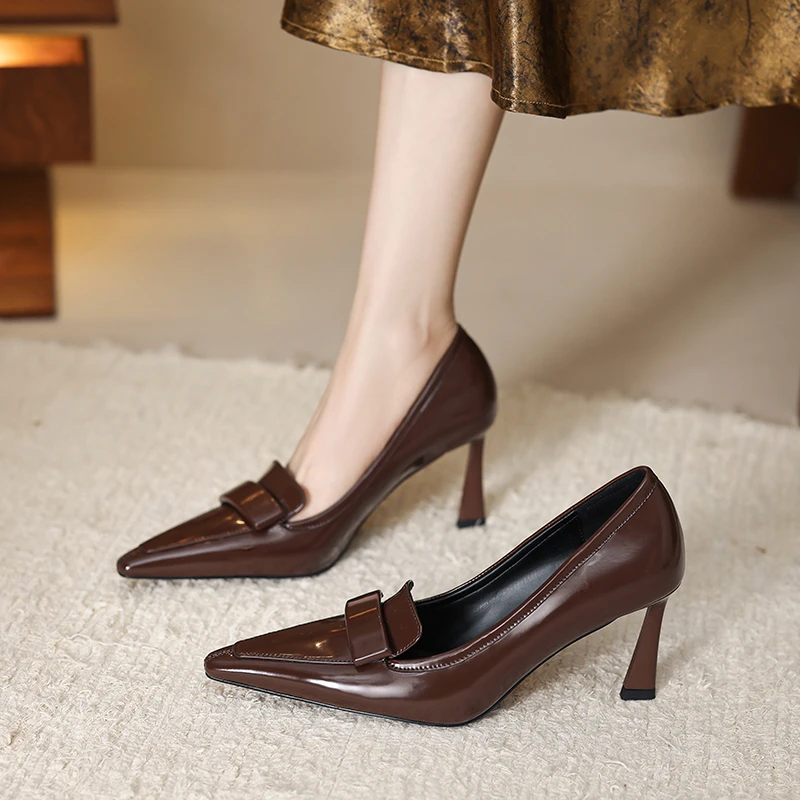 7.5cm通勤风尖头高跟鞋细跟浅口搭裙子2025春秋新款真皮性感单鞋
