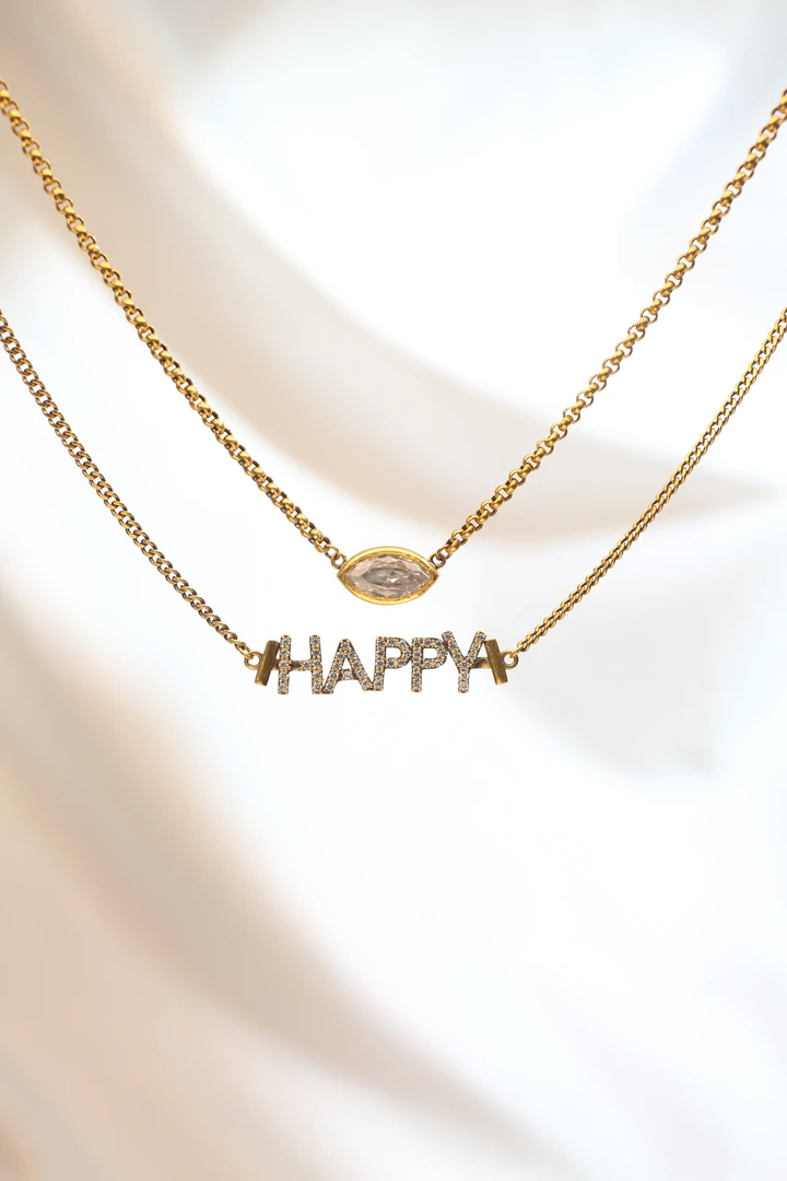 周帝王电黑工艺足金英文时尚HAPPY双层轻奢精致黄金简约项链