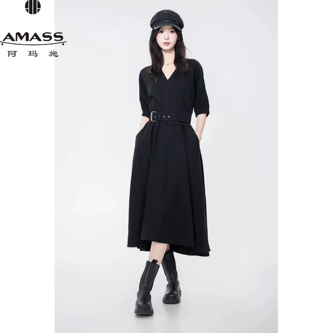 AMASS阿玛施春夏新款法式V领茶歇裙复古收腰小黑裙连衣裙5500371