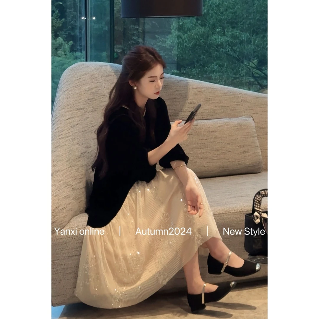 【言希】法式气质开春丝绒连衣裙穿搭拼接网纱亮片长裙子YX24Q141