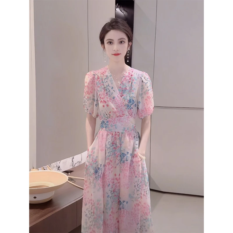 YR-2025年夏季新品粉粉满天星优雅碎花V领连衣裙收腰显瘦长裙