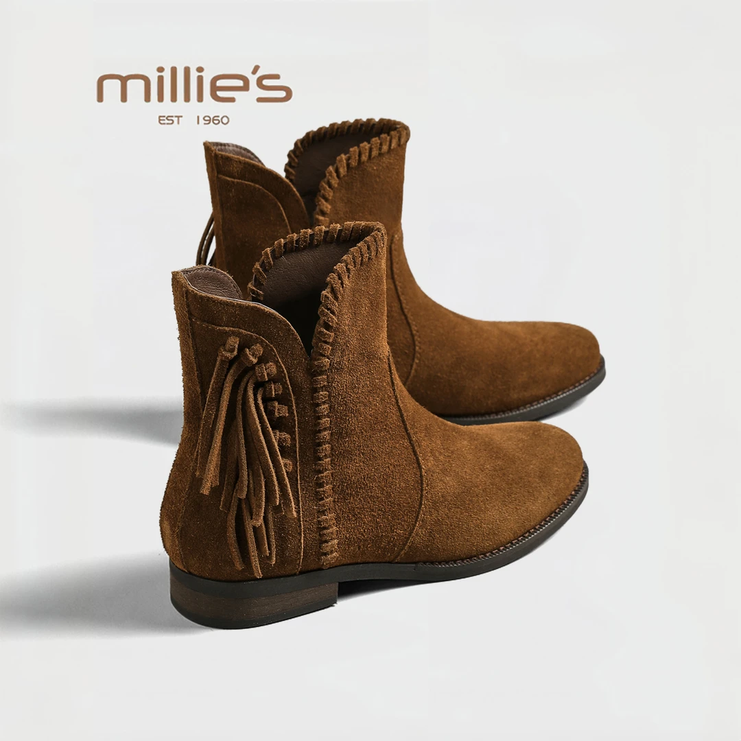 MILLIE'S/妙丽2025新款复古休闲百搭流苏短靴女鞋时尚潮流时装靴