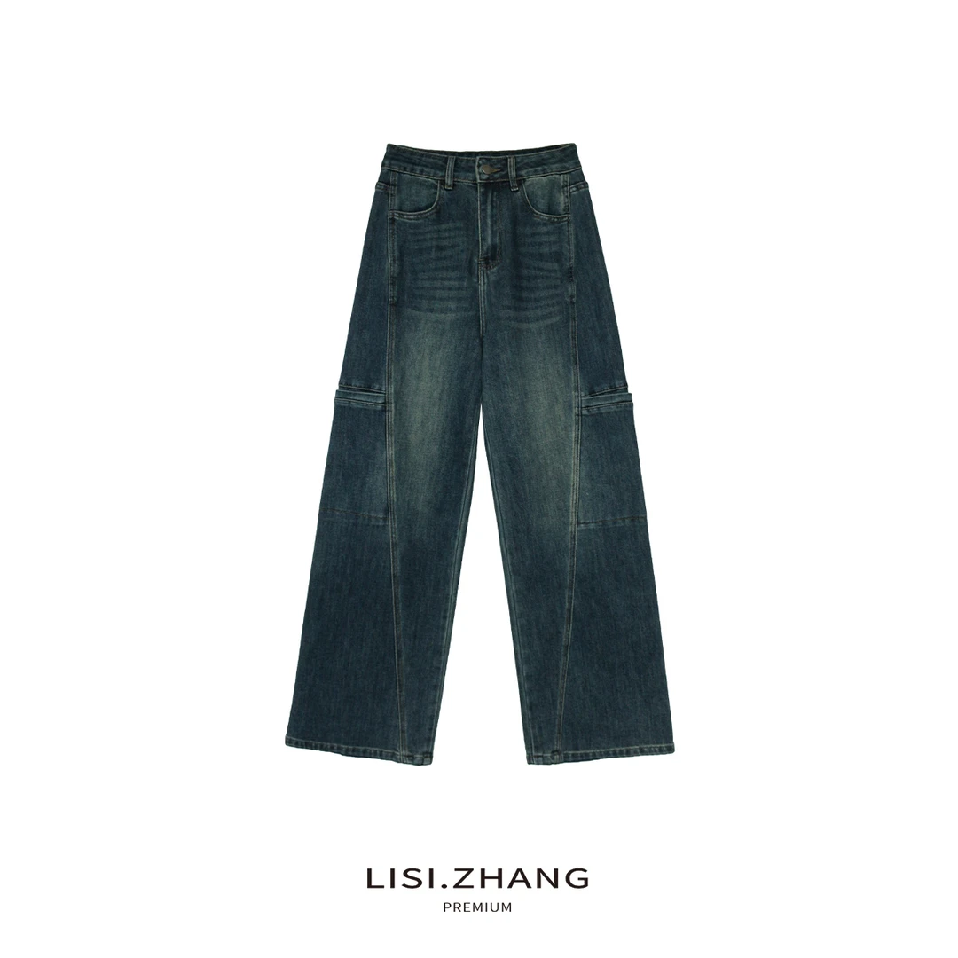 LISI.ZHANG--【直筒牛仔裤】高腰裤缝线拼接侧口袋直筒休闲牛仔长裤