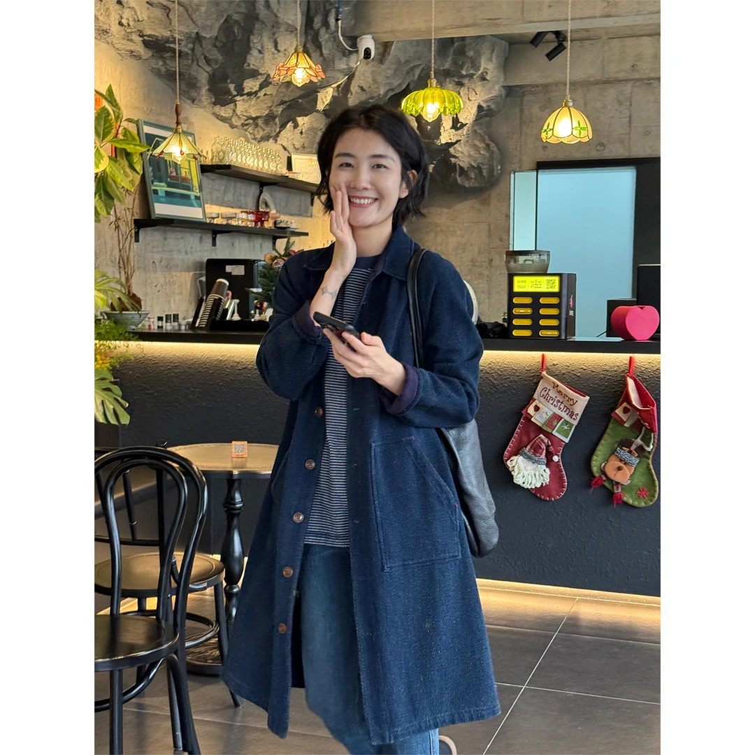 LANGQING 重工复古水洗牛仔中长款单排扣风衣外套43716#