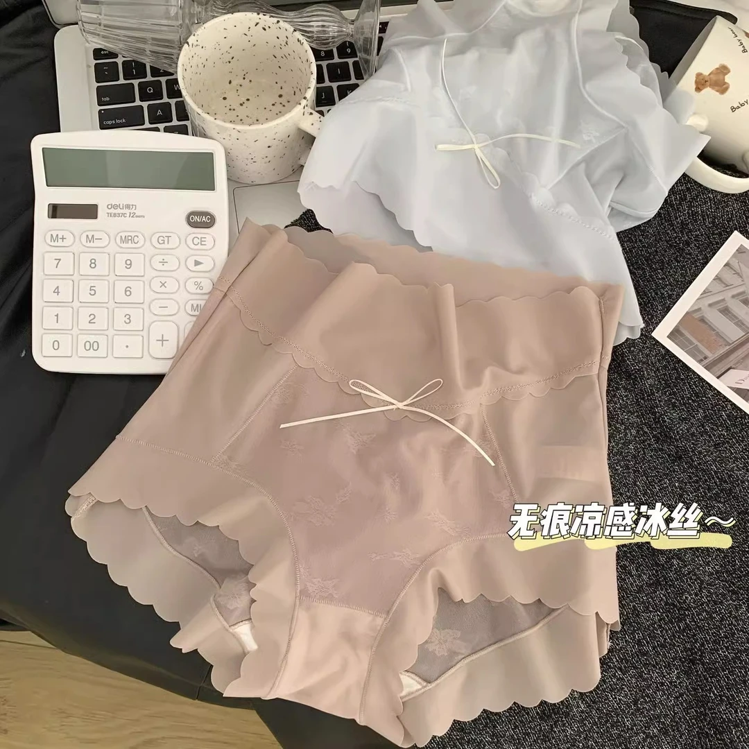 高腰内裤女夏季薄款冰丝无痕收腹提臀大码胖mm性感蕾丝女士三角裤