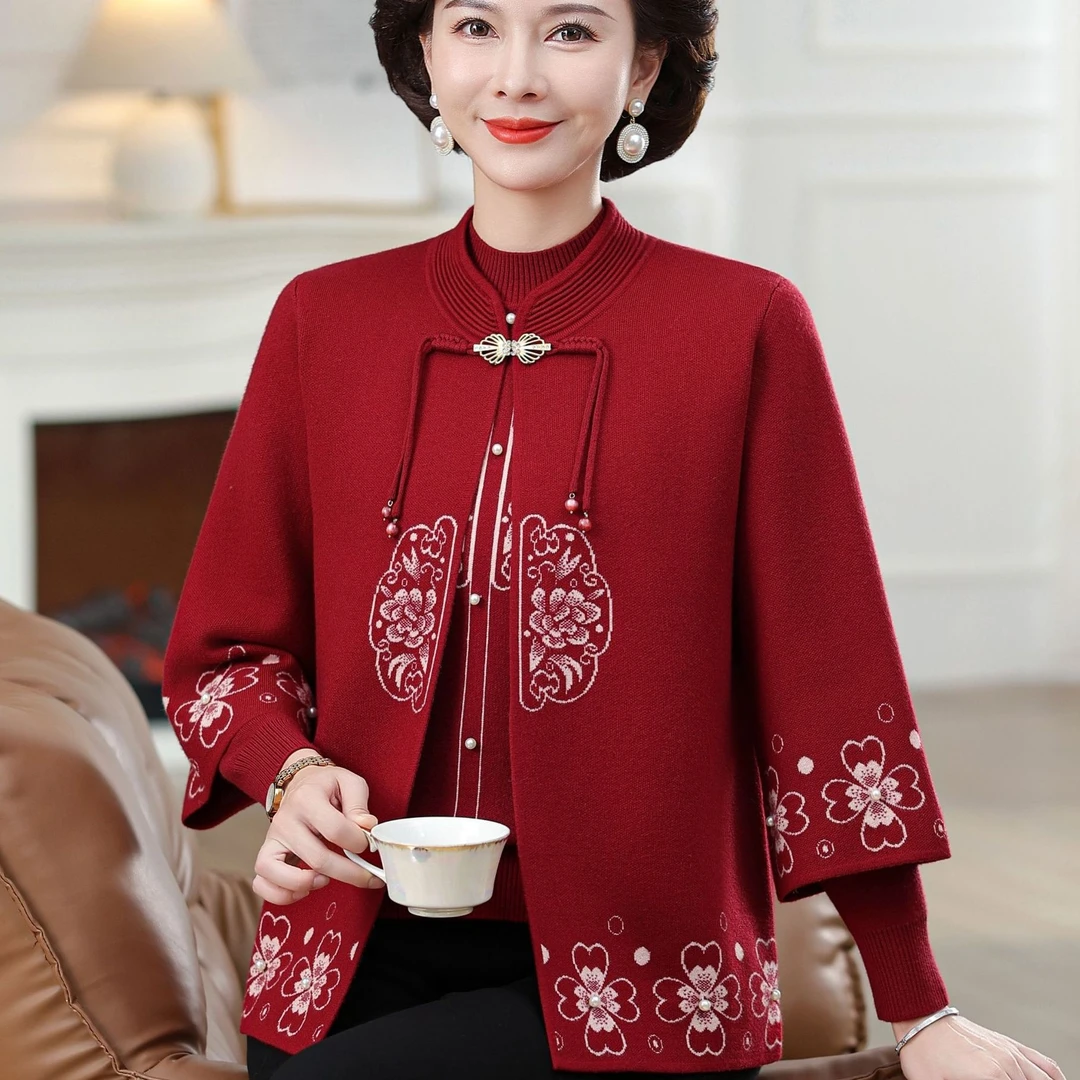 2025新中式妈妈秋装洋气两件套中老年女秋冬国风毛衣套装开衫外套
