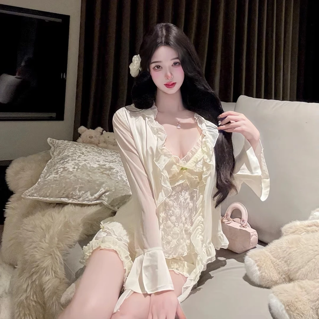 吉伦略索纯欲蕾丝带胸垫冰丝吊带睡衣四件套春夏女士性感家居服