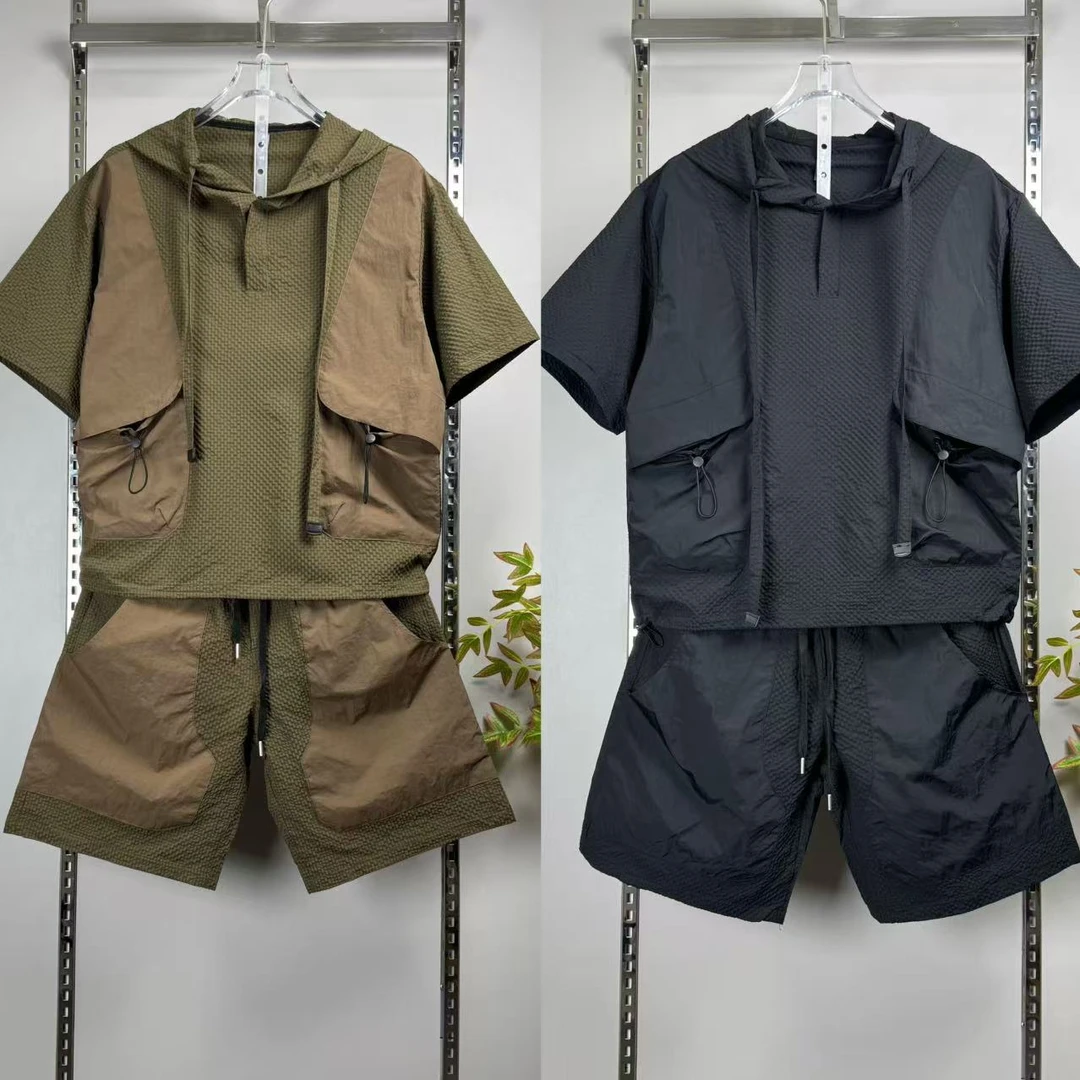 流光风薄款男士气泡纱宽松连帽短袖t恤工装短裤俩件套休闲套装