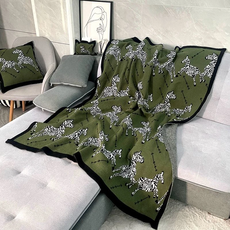 复古针织毛毯沙发盖毯空调ins绿色斑马午睡针织办公室休闲毯